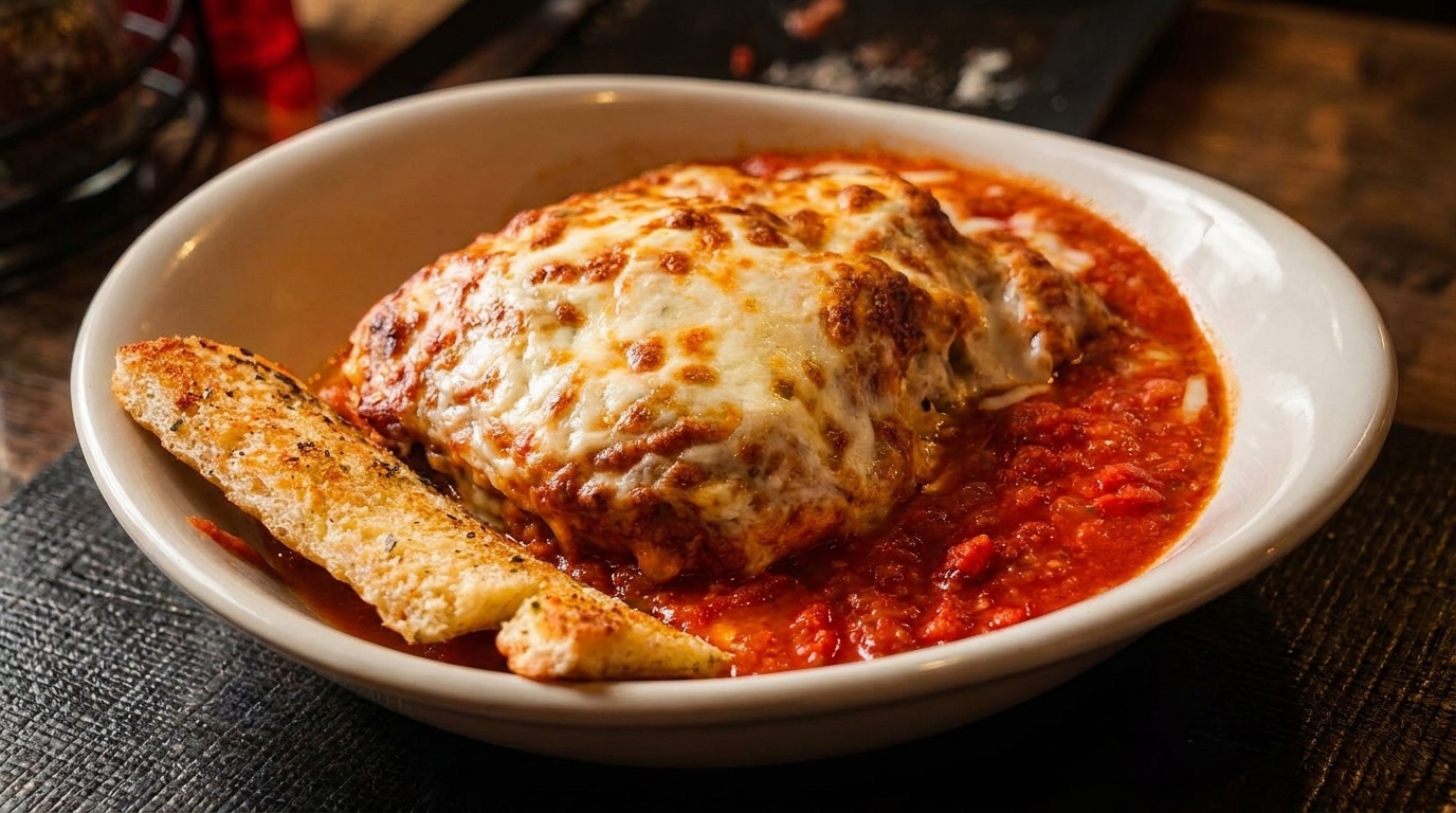Baked lasagna with melted cheese and rich red sauce, served with a side of garlic bread.
