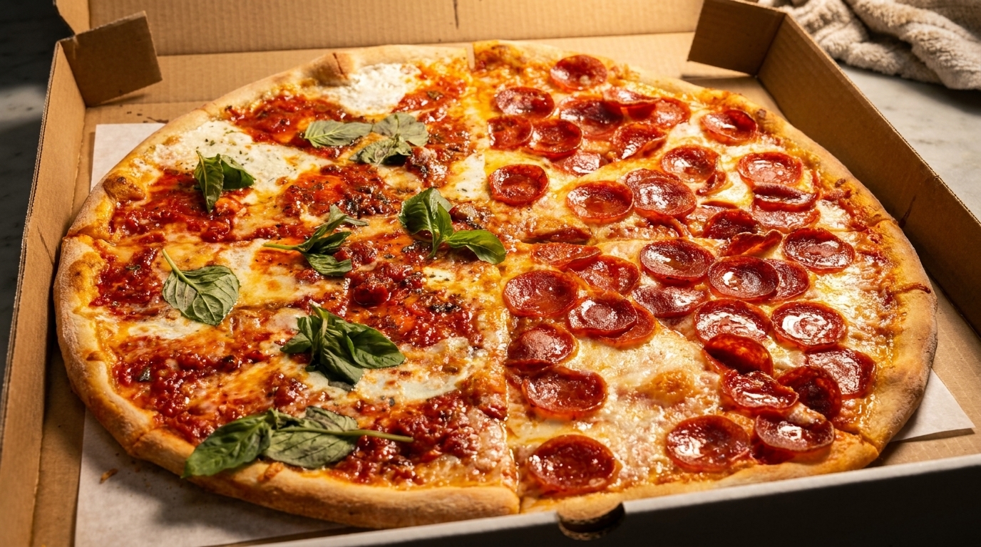 Half pepperoni and half Margherita pizza with fresh basil in a cardboard box.