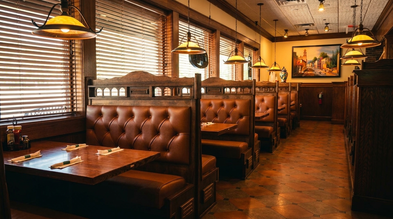 Restaurant interior with rows of empty brown leather booths, wooden tables, and hanging pendant lights.