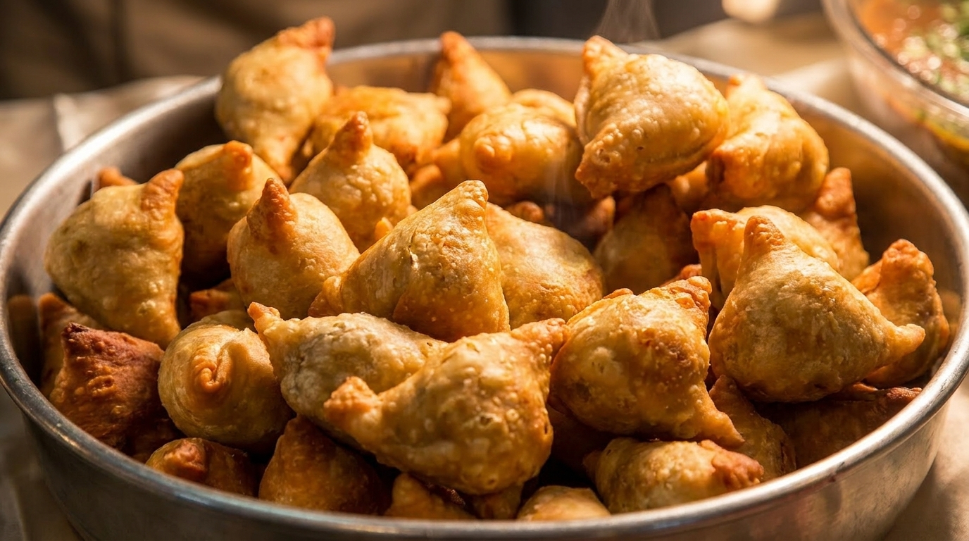 A large metal bowl filled with many golden-brown, triangular samosas, some with visible steam rising.
