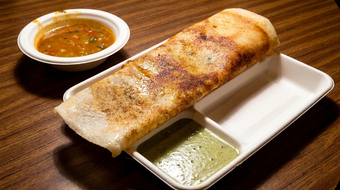 Crispy golden dosa served with two bowls of chutney and sambar on a wooden table.