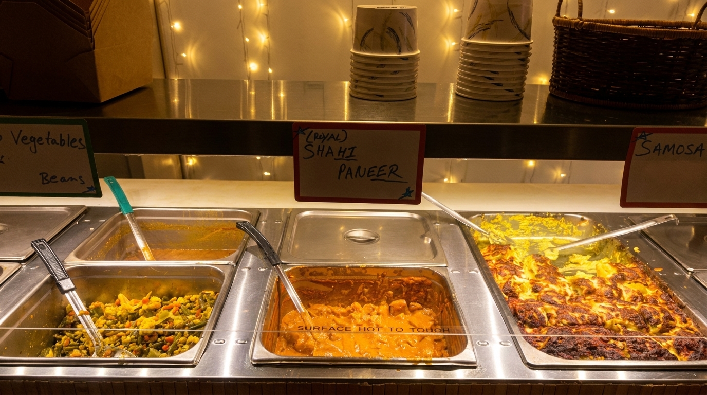 Buffet line with various Indian dishes, including vegetables, shahi paneer, and a baked casserole.