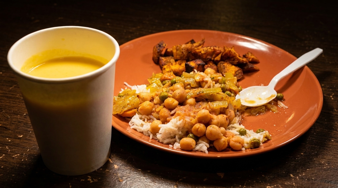 A plate of chickpea curry with rice, roasted sweet potatoes, and a cup of soup.