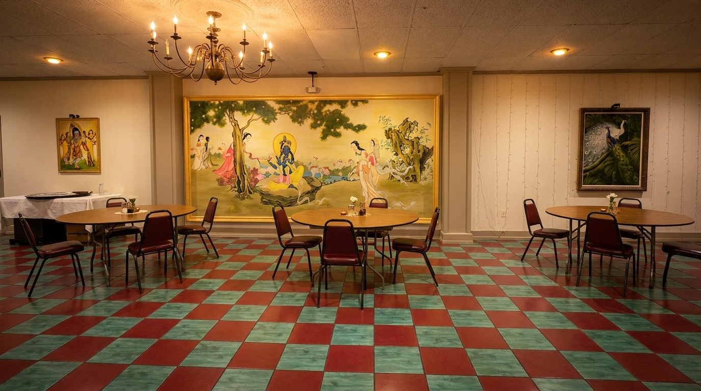 Dining room with red and teal checkered floor, round tables, and large colorful paintings on the walls.