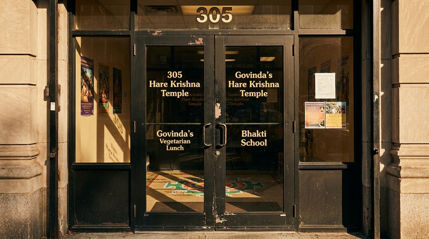 Exterior of Govinda's Hare Krishna Temple and Vegetarian Lunch, with "305" above the glass doors.