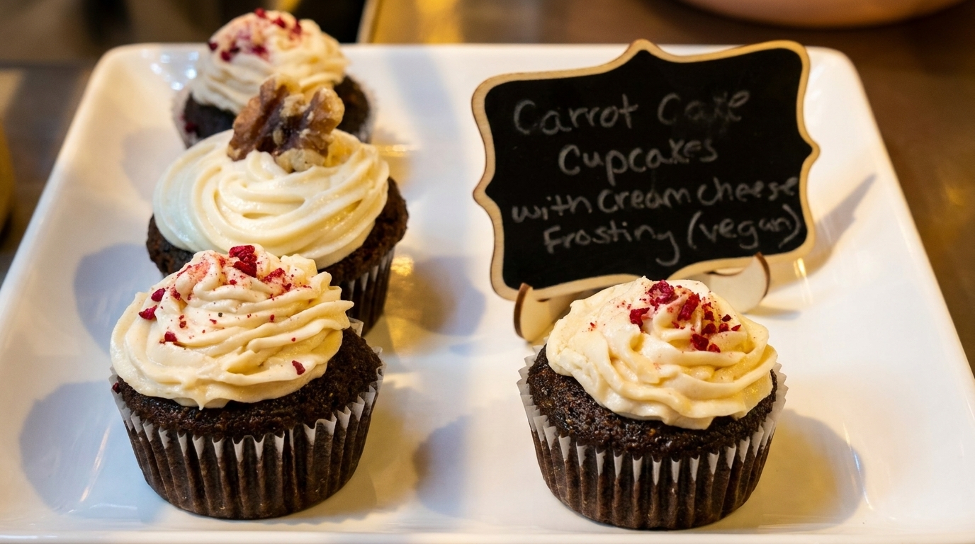 Four vegan carrot cake cupcakes with cream cheese frosting, two topped with walnuts, two with red sprinkles.