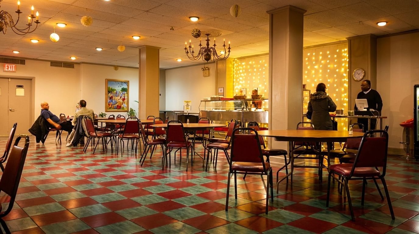 Diners seated at tables in a restaurant with a buffet line and checkered floor.