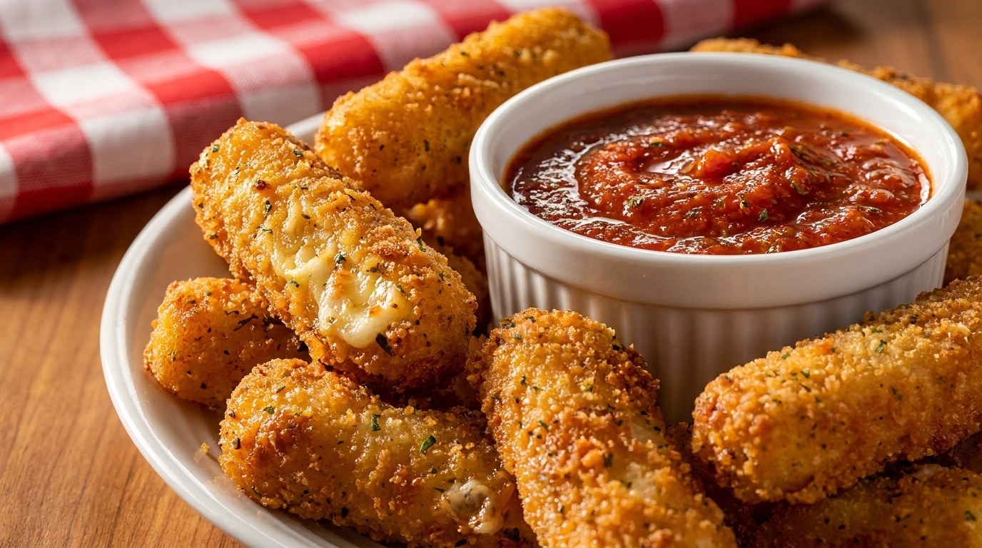 Golden-brown mozzarella sticks with melted cheese and a side of marinara sauce on a white plate.