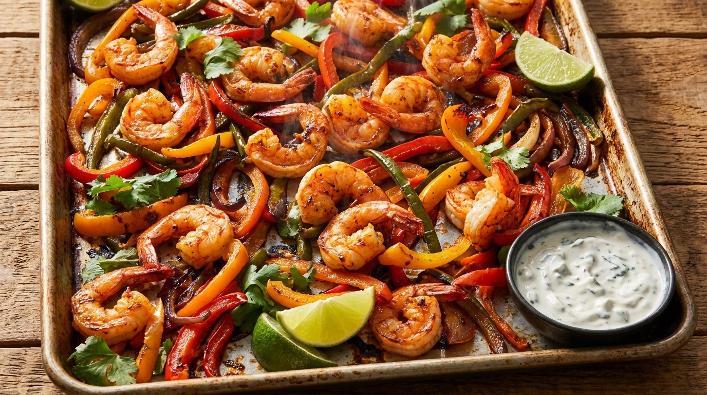 Shrimp fajitas with colorful bell peppers, onions, cilantro, lime, and a side of crema.