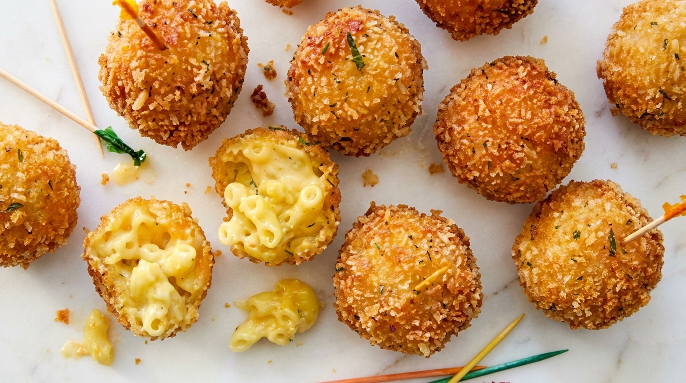 Golden-brown fried mac and cheese balls, some with toothpicks, on a white marble surface.