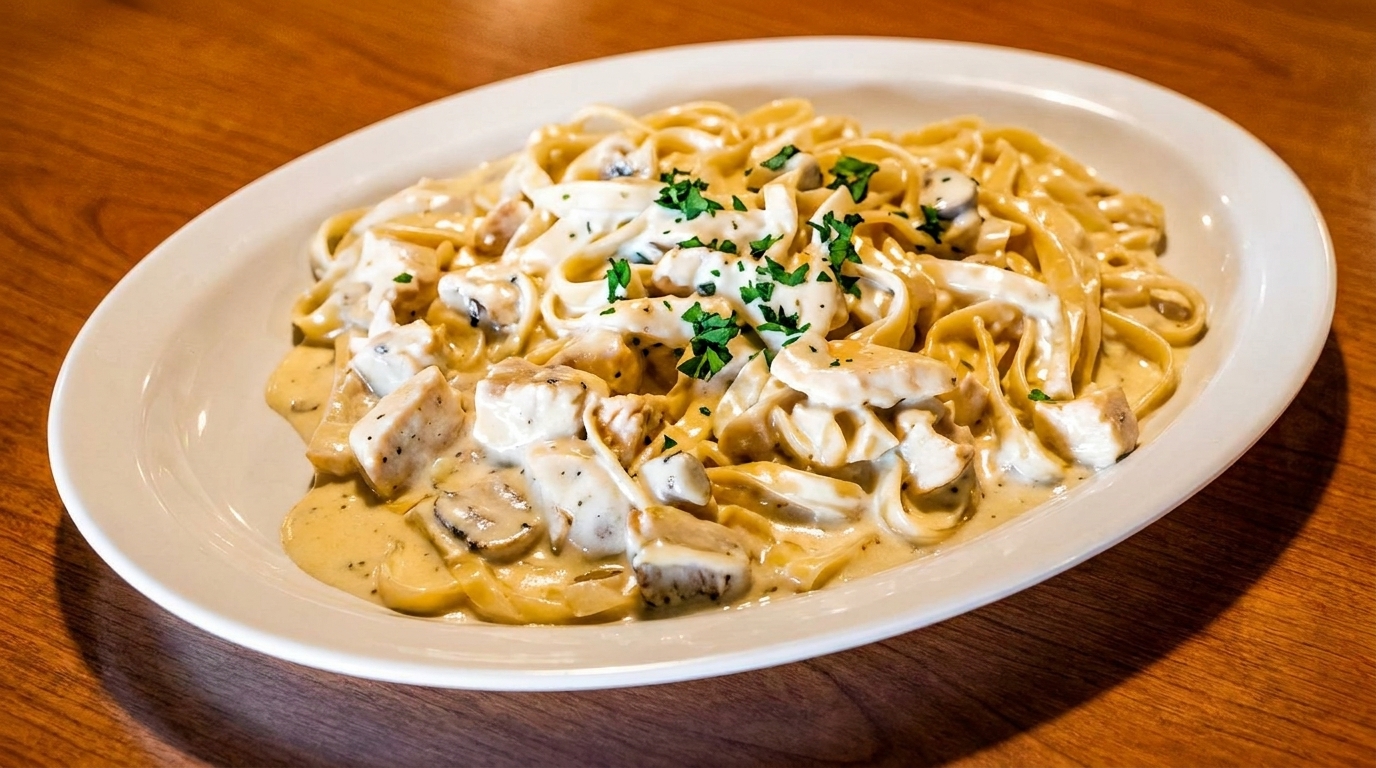 Creamy fettuccine alfredo with chicken and mushrooms, garnished with fresh parsley on a white plate.