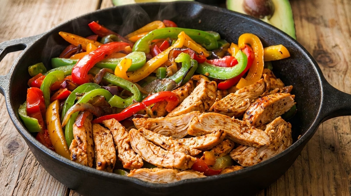 Sizzling chicken fajitas with colorful bell peppers and onions in a cast iron skillet.