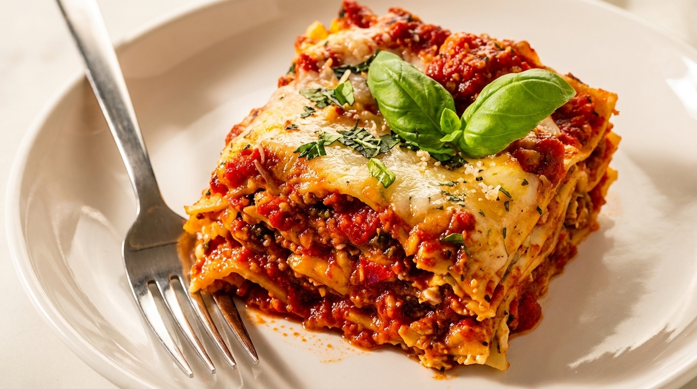 A delicious slice of lasagna with rich red sauce, melted cheese, and fresh basil on a white plate.
