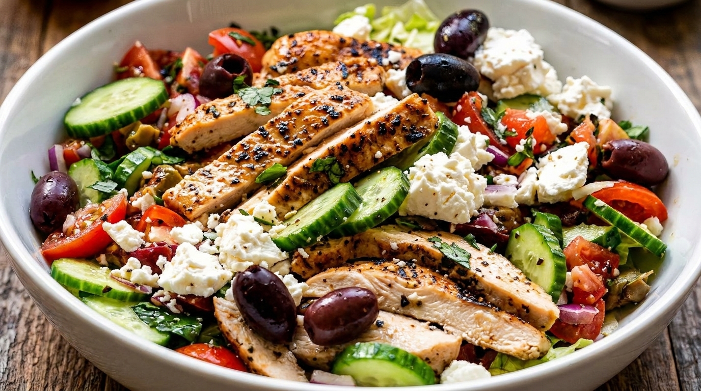 Grilled chicken salad with cucumbers, tomatoes, olives, and feta cheese in a white bowl.