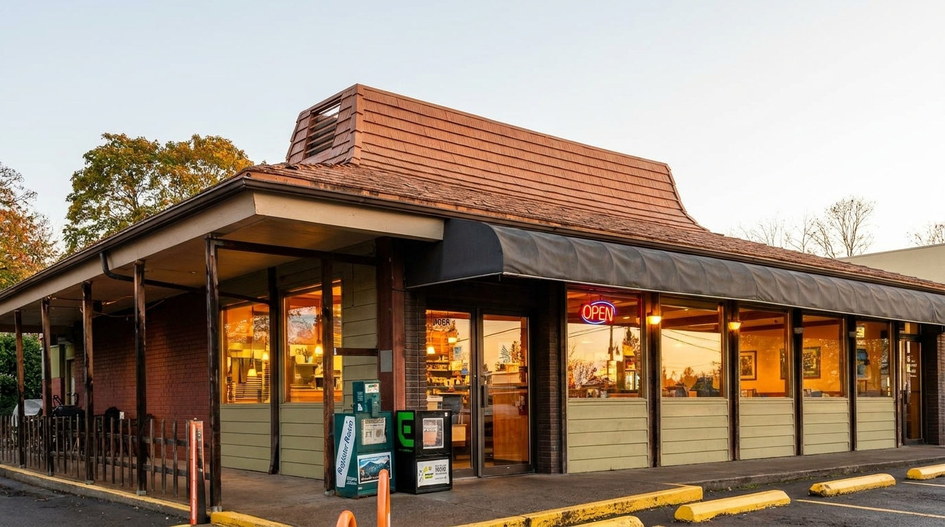 Exterior of a restaurant with a brown shingled roof, green siding, and a black awning.