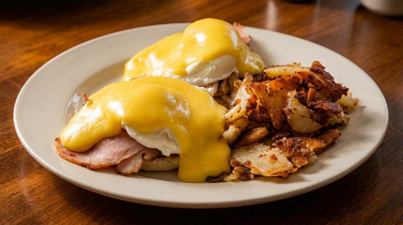 Eggs Benedict with hollandaise sauce and ham on English muffins, served with crispy home fries.