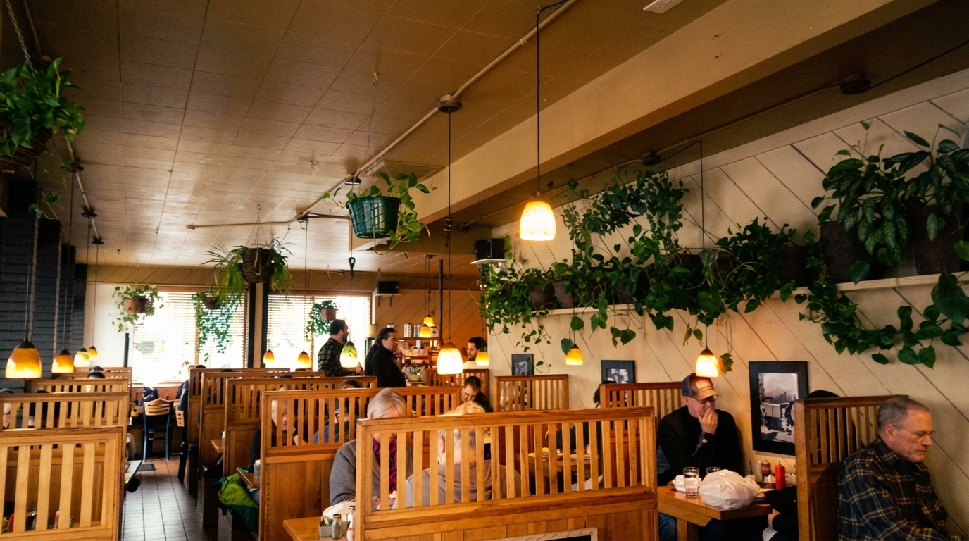 Diners seated in wooden booths under hanging plants and warm pendant lights in a cozy restaurant.