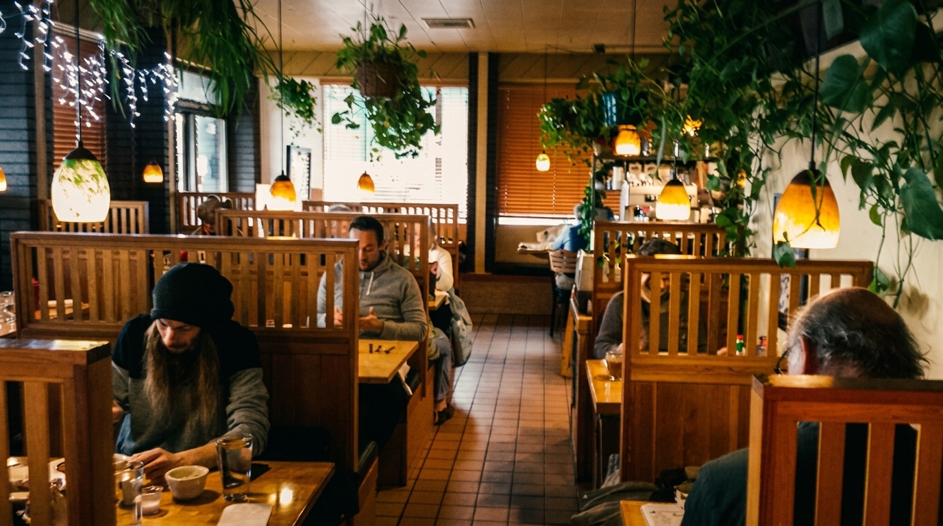 Diners seated in a cozy restaurant with wooden booths, hanging plants, and warm lighting.