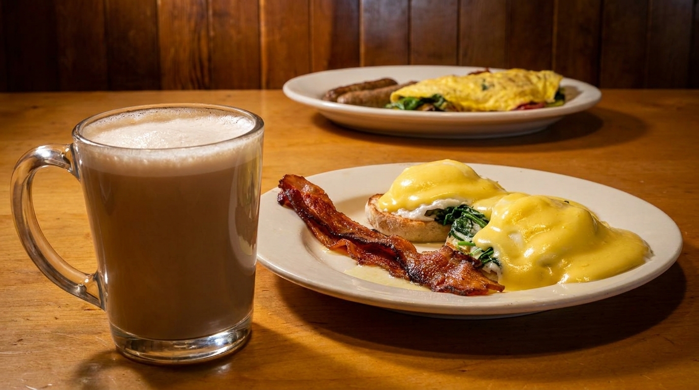 A breakfast spread with coffee, eggs Benedict with bacon, and an omelet with sausage.