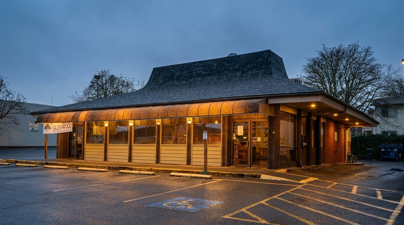 The Glenwood Restaurant exterior at dusk, with illuminated windows and a large parking lot.