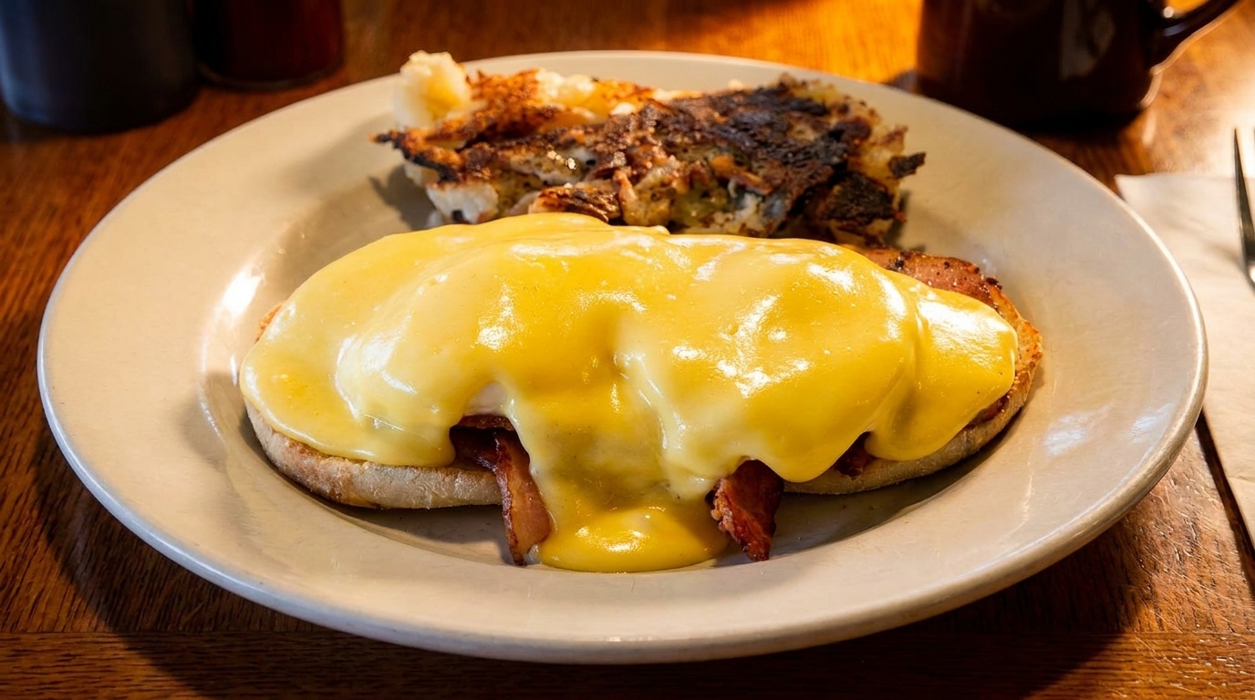 Eggs Benedict with hollandaise sauce and bacon on an English muffin, served with hash browns.