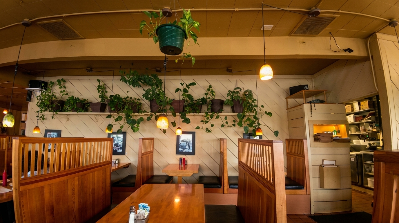 Cozy restaurant interior with wooden booths, hanging plants, and warm lighting, leading to a kitchen area.