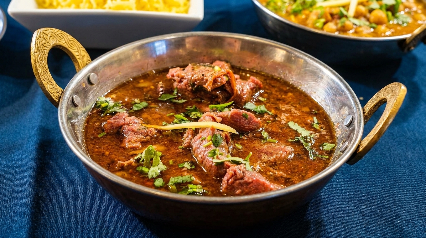 A copper bowl of beef curry with cilantro and ginger, alongside other dishes on a blue tablecloth.