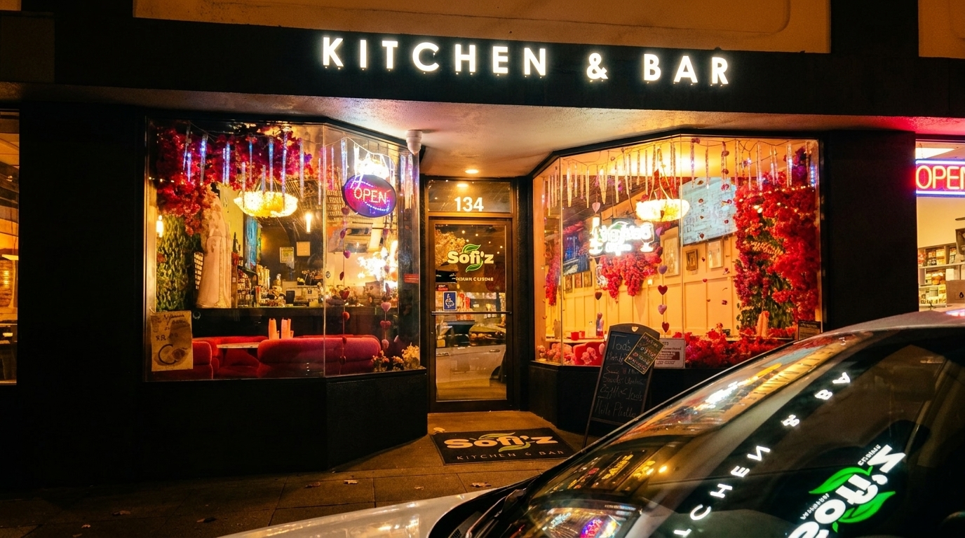 Exterior of Sofi'z Kitchen & Bar at night, with glowing red floral decorations and an "OPEN" sign.