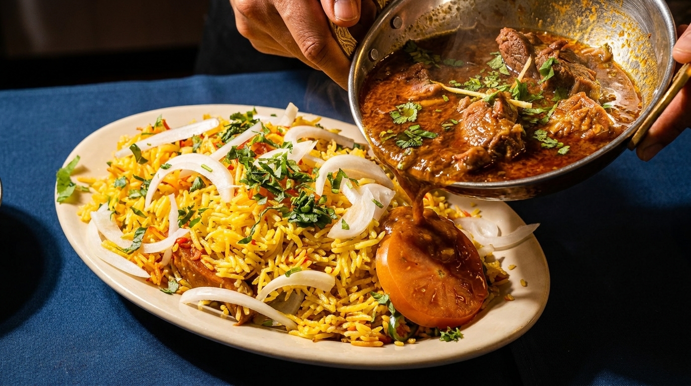 A hand pours rich lamb curry from a metal pot onto a plate of yellow biryani rice with onions.