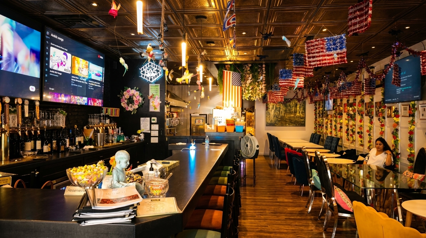 A restaurant interior with a bar, dining tables, and American flag decorations hanging from the ceiling.