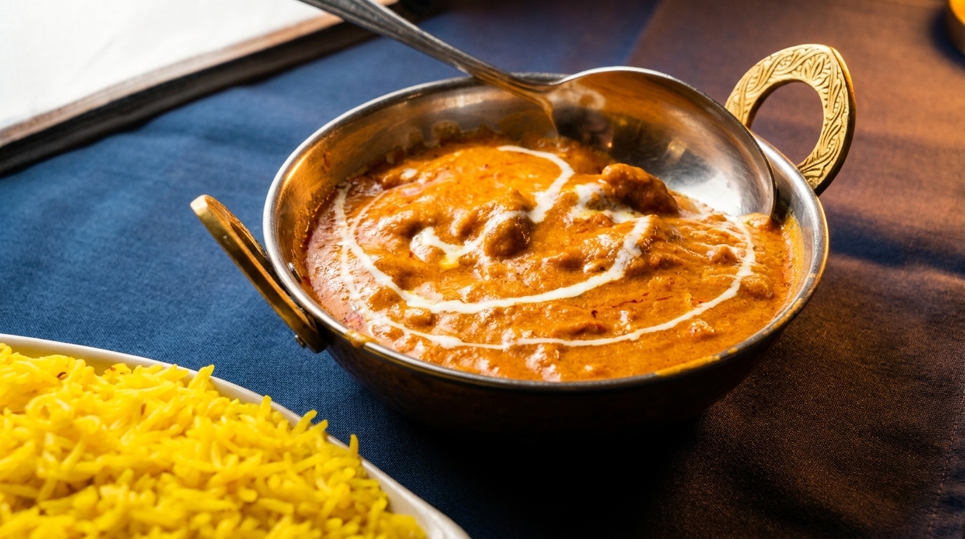 A metal bowl of creamy orange curry with a spoon, next to a plate of yellow rice.