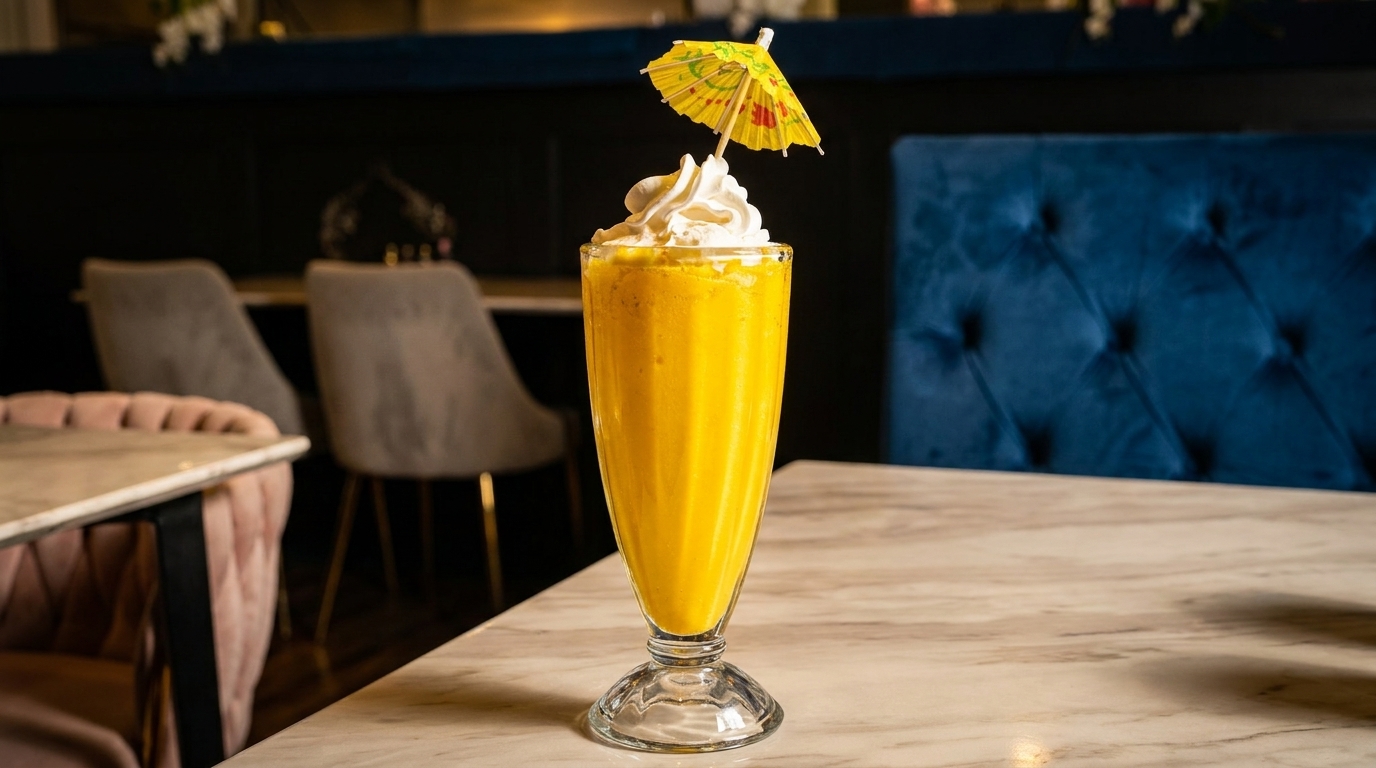 A vibrant yellow mango lassi with whipped cream and a cocktail umbrella sits on a marble table.
