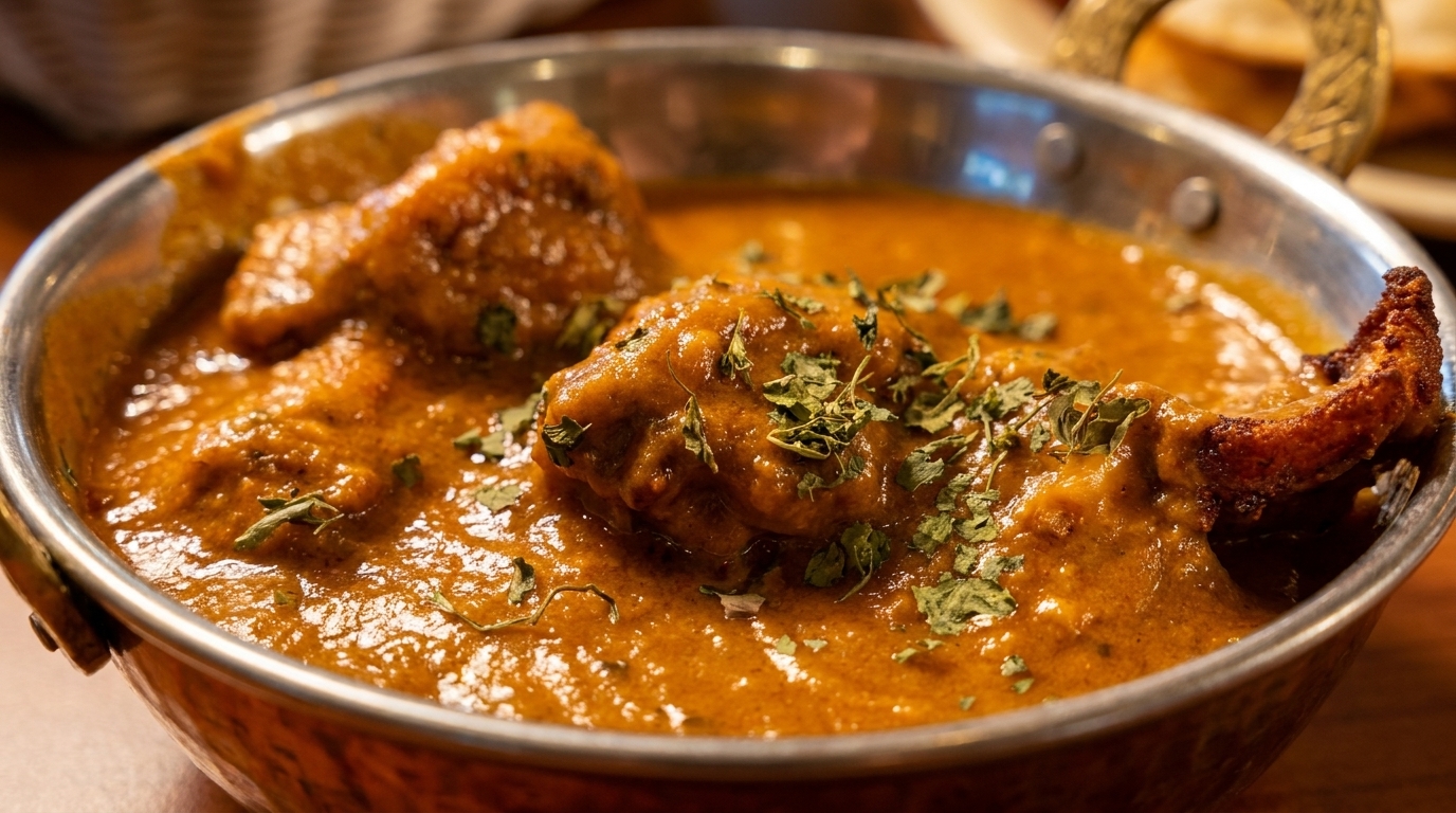 Close-up of a metal bowl filled with chicken curry, garnished with fresh cilantro.