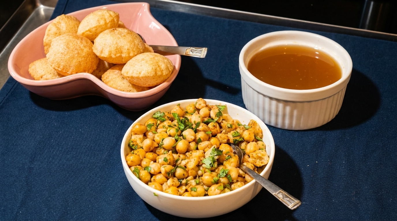Pani Puri with chickpeas, cilantro, and a bowl of tamarind water on a blue tablecloth.