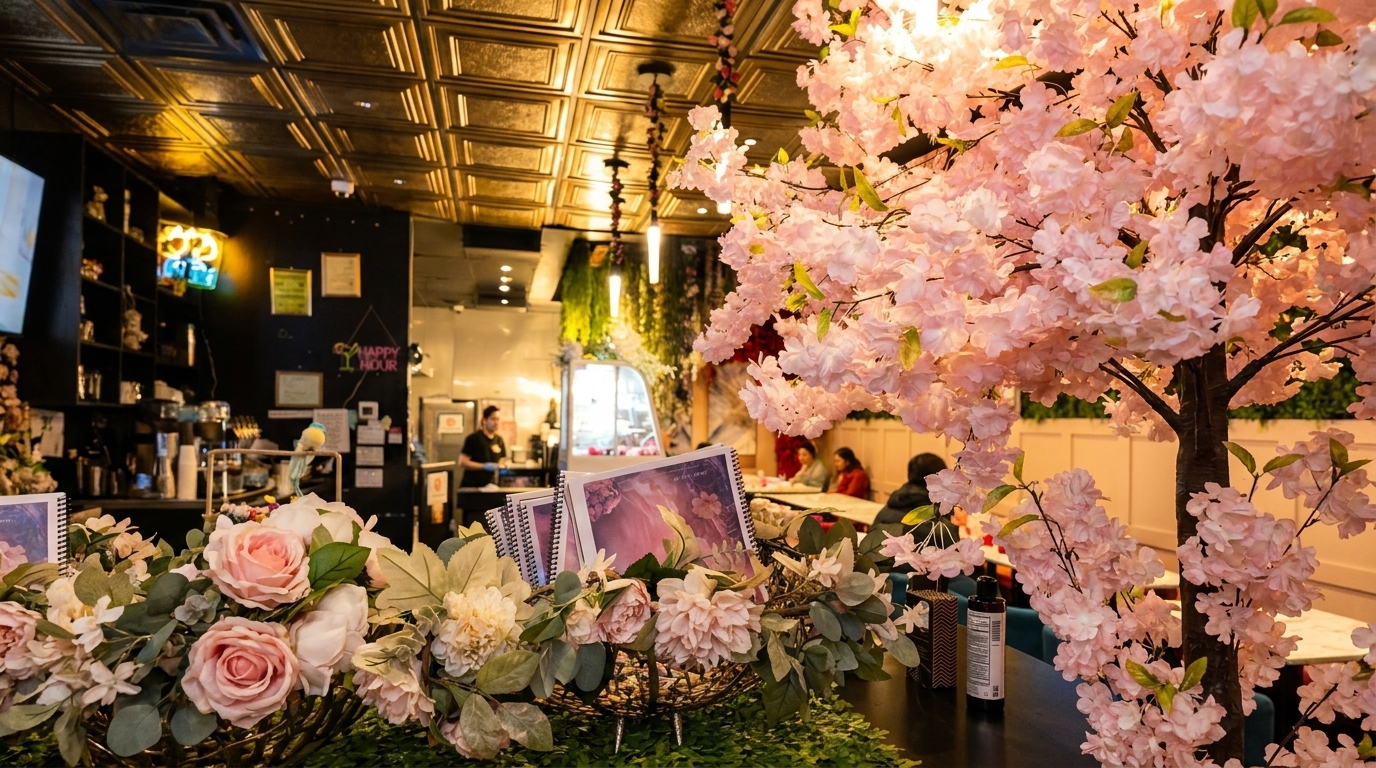 Restaurant interior with pink cherry blossom trees, floral arrangements, and menus on a counter.
