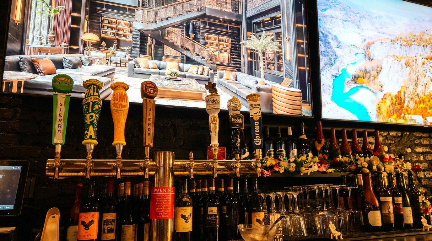 A bar with beer taps, wine bottles, and glasses, with large screens displaying interiors and a landscape.