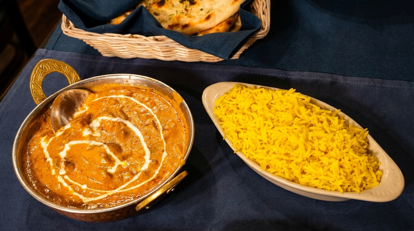Indian butter chicken in a copper bowl, yellow rice, and naan bread in a basket on a blue tablecloth.