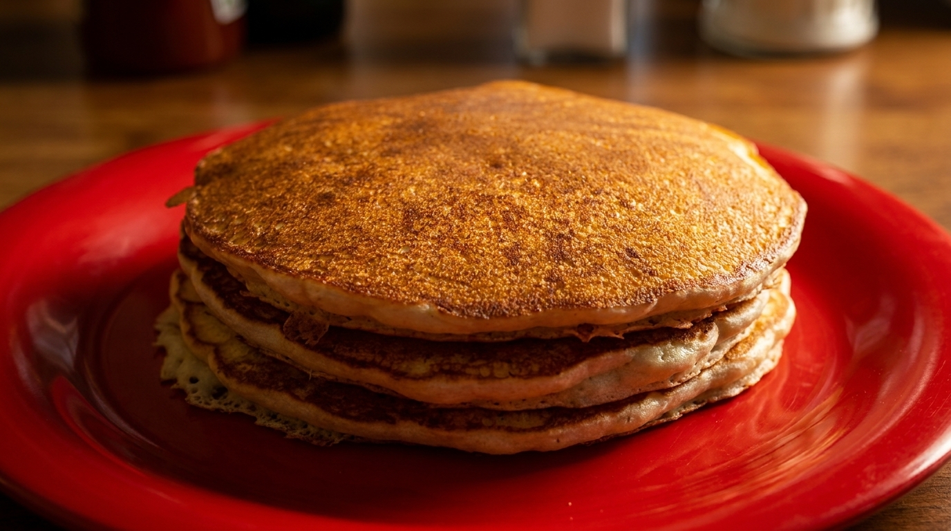Stack of golden-brown pancakes on a bright red plate, ready for breakfast.