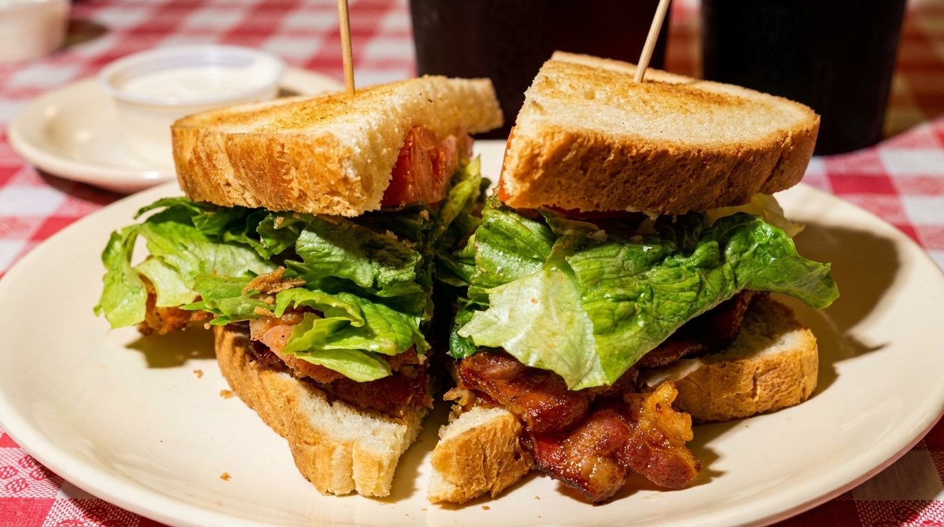 A toasted BLT sandwich, cut in half, with crispy bacon, lettuce, and tomato on a plate.