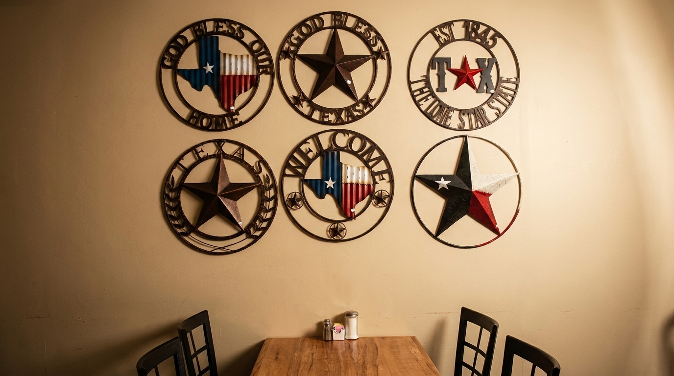 Six circular metal Texas-themed wall decorations above a wooden table with salt and pepper shakers.