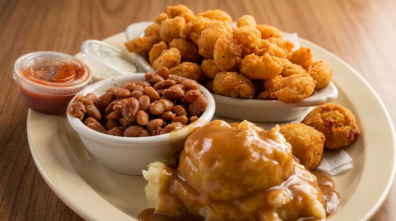 A plate of popcorn shrimp, mashed potatoes with gravy, baked beans, and hush puppies.