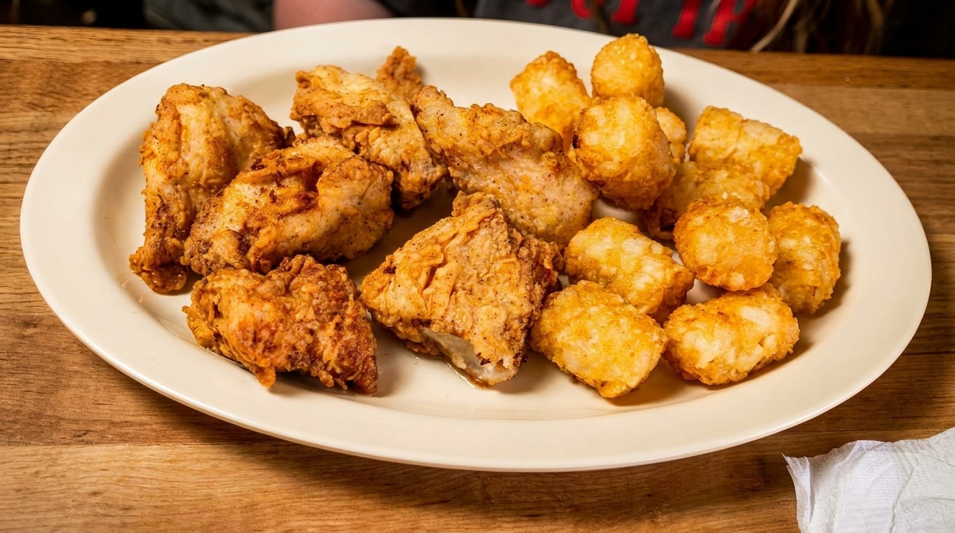 A white plate filled with golden-brown fried chicken pieces and crispy tater tots on a wooden table.