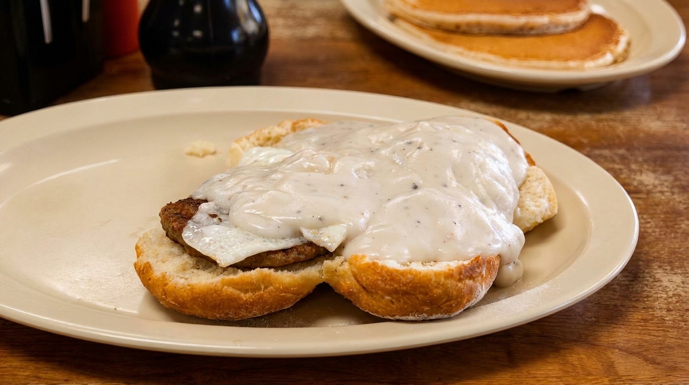 A biscuit with sausage, fried egg, and white gravy, with pancakes in the background.