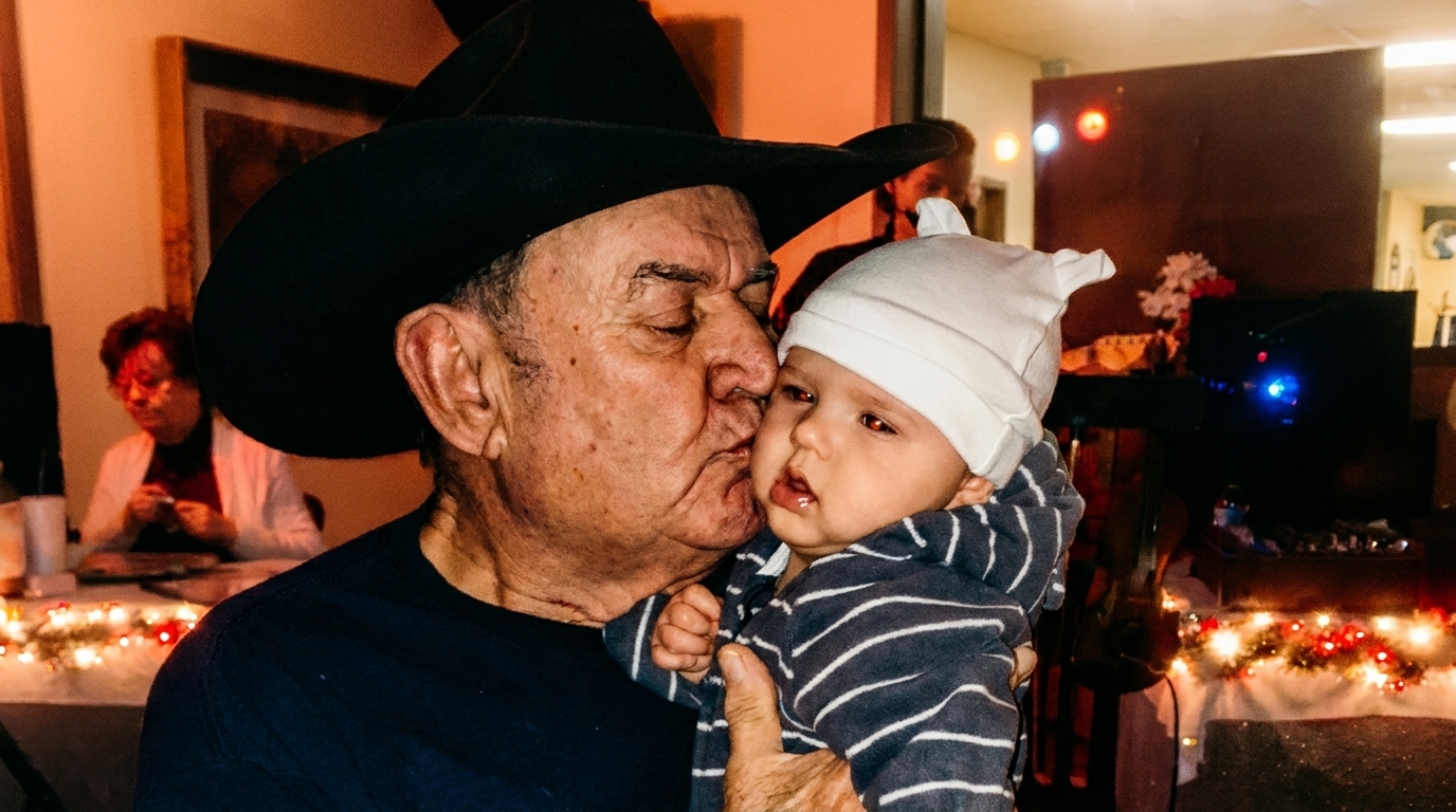 Man in a cowboy hat kissing a baby on the cheek, with festive lights in the background.