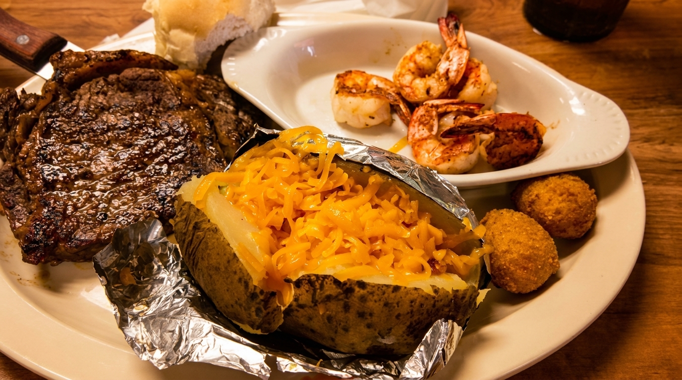 Steak, baked potato with cheese, grilled shrimp, and hushpuppies on a white plate.