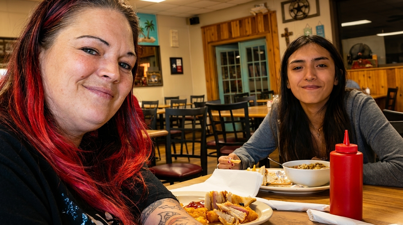 Two women smiling at a table in a restaurant, with food and a red ketchup bottle.
