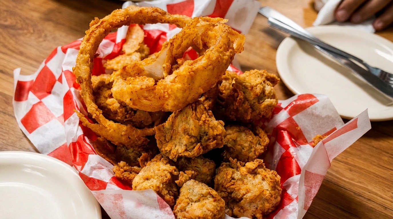 A basket of crispy fried chicken pieces and golden onion rings on a wooden table.