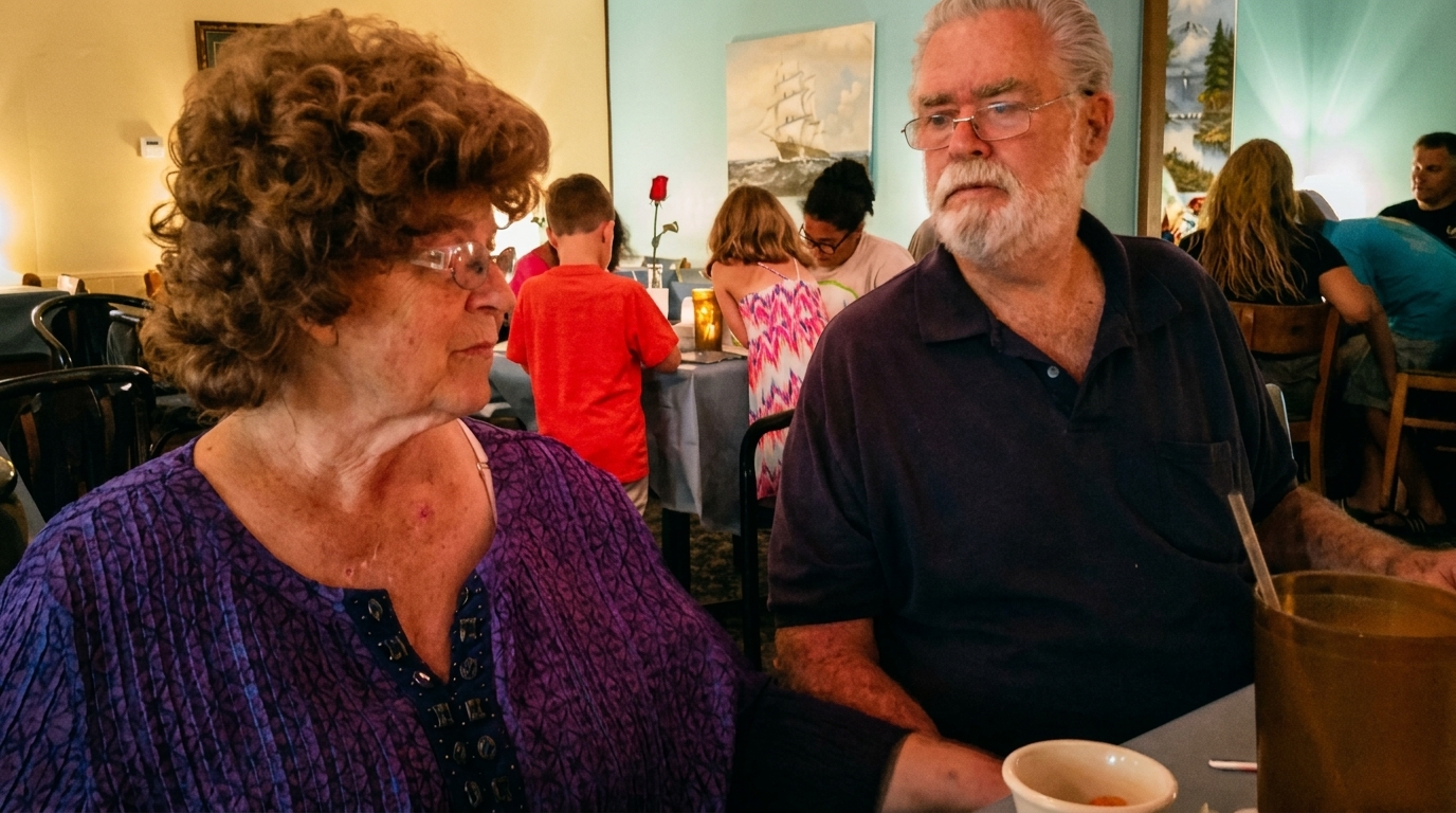 Two older adults at a restaurant table, with other diners and a ship painting in the background.