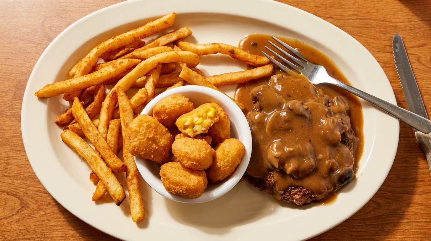 A Salisbury steak with mushroom gravy, french fries, and corn nuggets on a white plate.