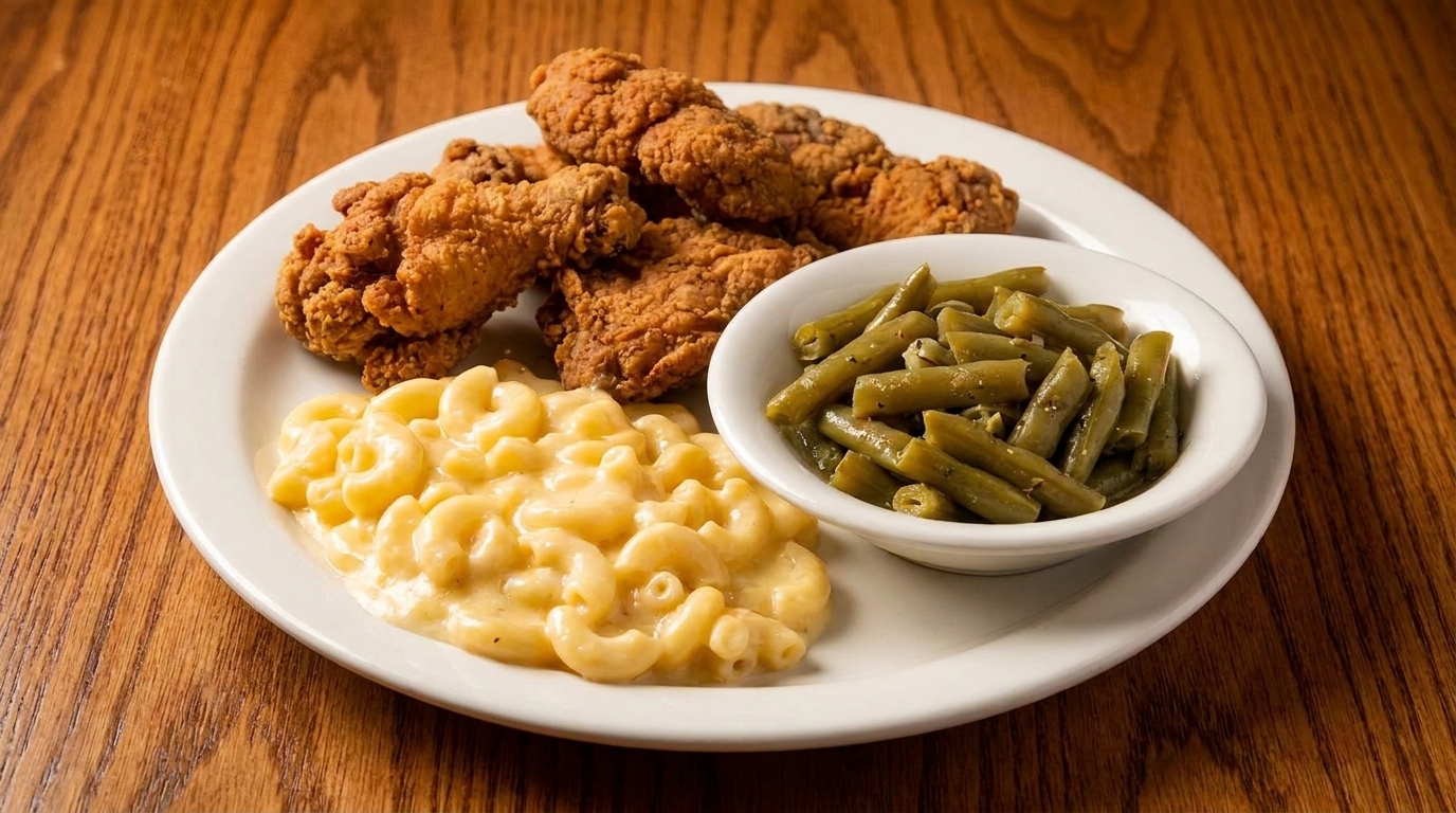 A plate of fried chicken, macaroni and cheese, and green beans on a wooden table.